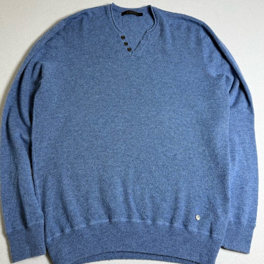 Raffi Large Blue Seed Stitch Knit 100% Cashmere Button Neck Sweater Pullover